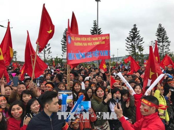 球迷赴内排机场迎接越南足球队载誉回国。（图片来源：越通社）