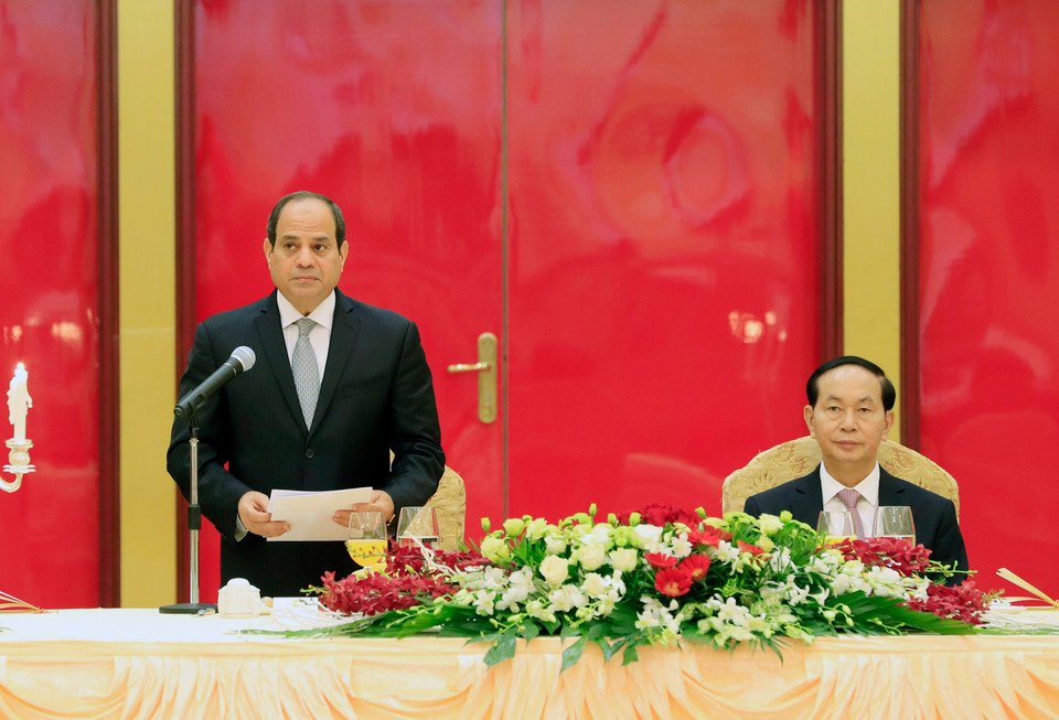  陈大光9月6日晚在河内举行盛大国宴，欢迎塞西总统一行访越。塞西总统在宴会上致辞。 （图片来源：越通社） 