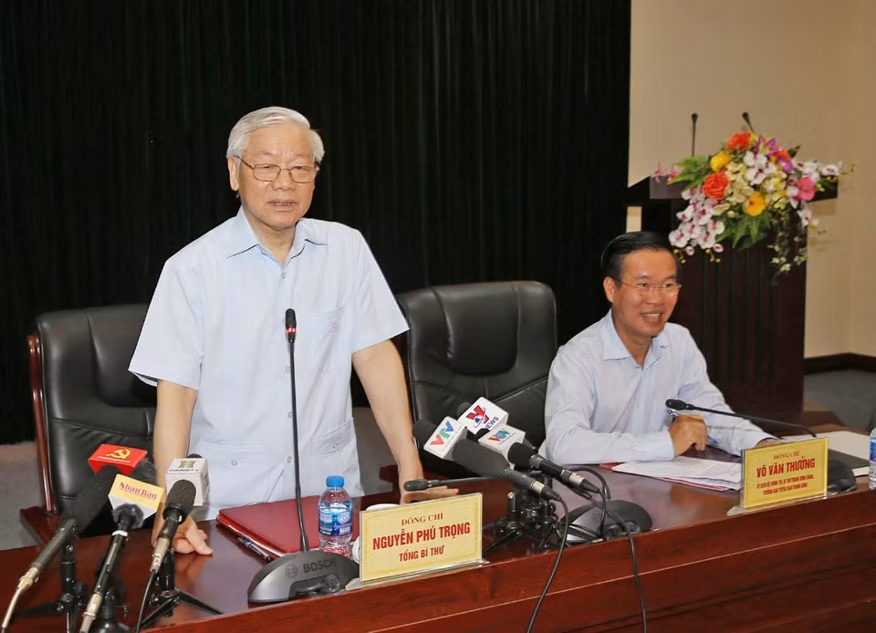 阮富仲在工作座谈会上发表讲话 图自越通社 