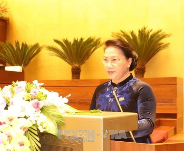 越南国会主席阮氏金银在会议上致辞。（图片来源：越通社）