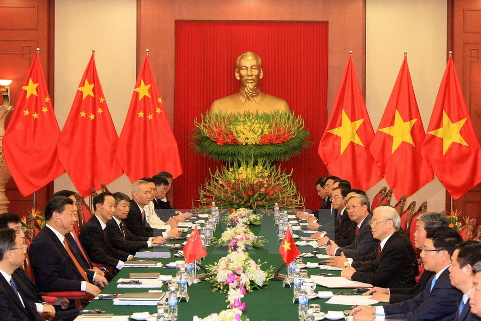 阮富仲总书记与中共中央总书记、国家主席习近平举行会谈。（图片来源：越通社）