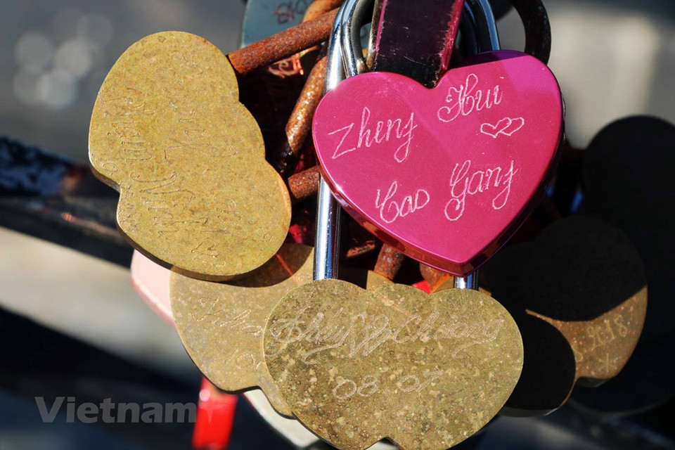 来到“爱情桥”的情侣都喜欢扣上刻有两人名字的“爱情锁”,象征永恒坚固的爱情。图自越通社