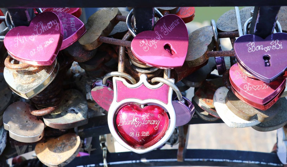 来到“爱情桥”的情侣都喜欢扣上刻有两人名字的“爱情锁”,象征永恒坚固的爱情。图自越通社