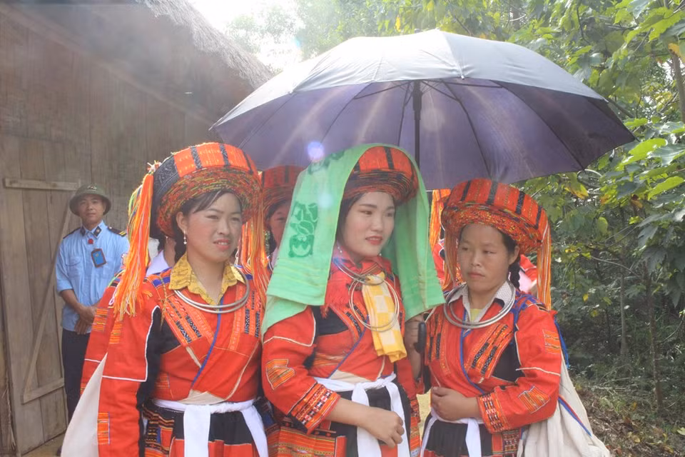 巴天族妇女服装的主要颜色为红色。以前，巴天族生活在山上，红色是火鸟的颜色，鲜艳的色彩体现了巴天族强烈的生命力和渴望。巴天族崇拜和喜欢红色。图自 越通社