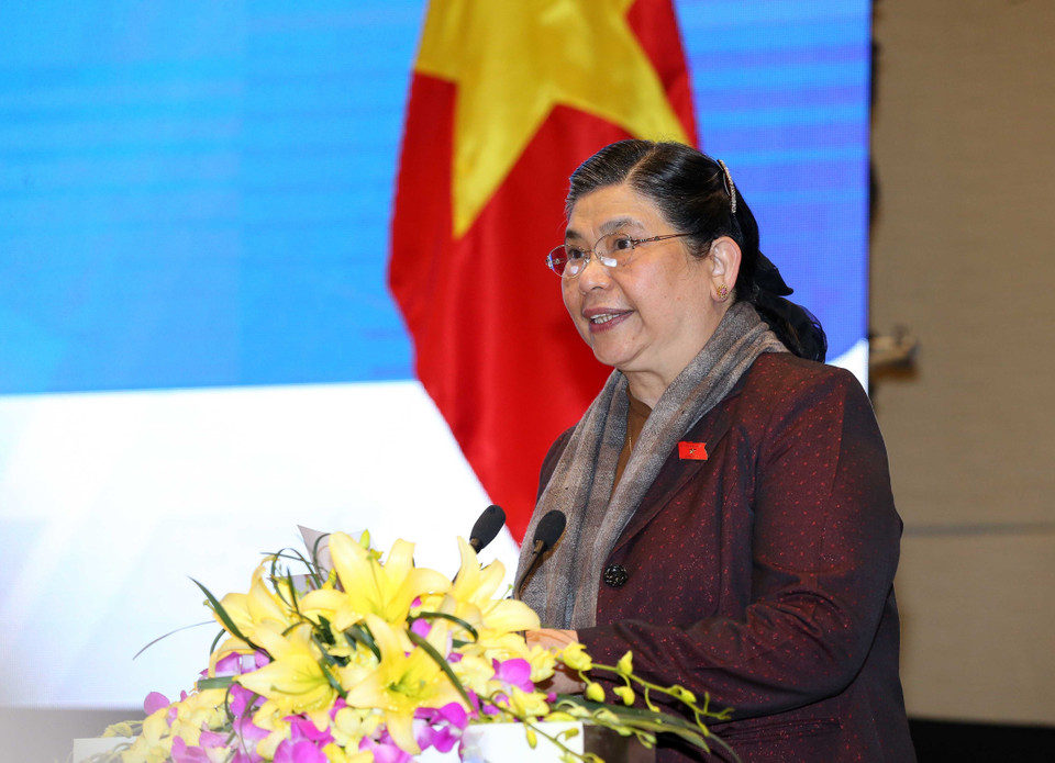  越南国家副主席丛氏放在会议上发表讲话。越通社记者 仲德 摄