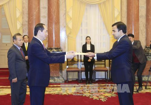  陈大光（左）接受阿富汗新任驻越大使贾楠·莫萨扎伊（Janan Mosazai）递交国书。越通社记者 颜创 摄