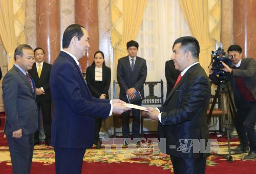  陈大光（左）接受玻利维亚新任驻越大使吉佩斯（Heriberto Quispe Charca）递交国书。越通社记者 颜创 摄