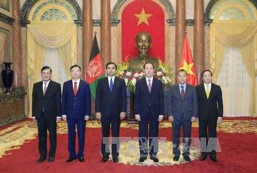  陈大光（右三）与阿富汗新任驻越大使贾楠·莫萨扎伊（左三）合影。越通社记者 颜创 摄