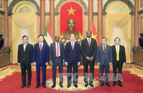  陈大光（右四）与苏丹驻越大使穆巴拉克·伊斯梅尔（左三）合影。越通社记者 颜创 摄