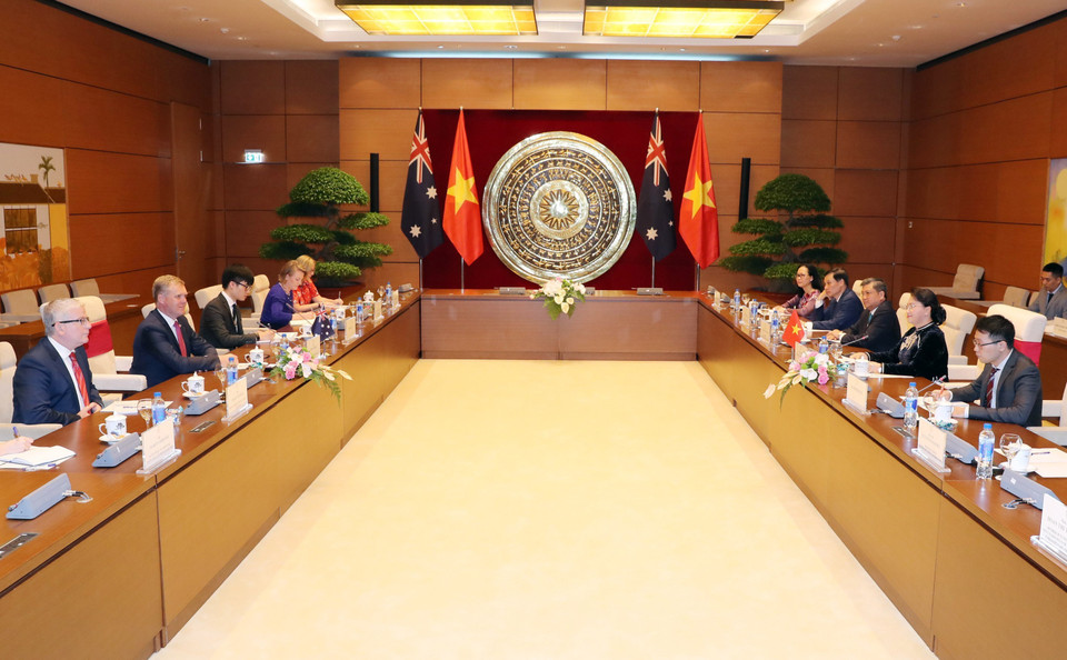 7月23日下午，越南国会主席阮氏金银与澳大利亚众议院议长托尼•史密斯举行会谈。越通社记者 重德 摄