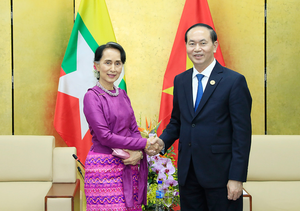 越南国家主席陈大光与缅甸国务资政昂山素季（图片来源：越通社）