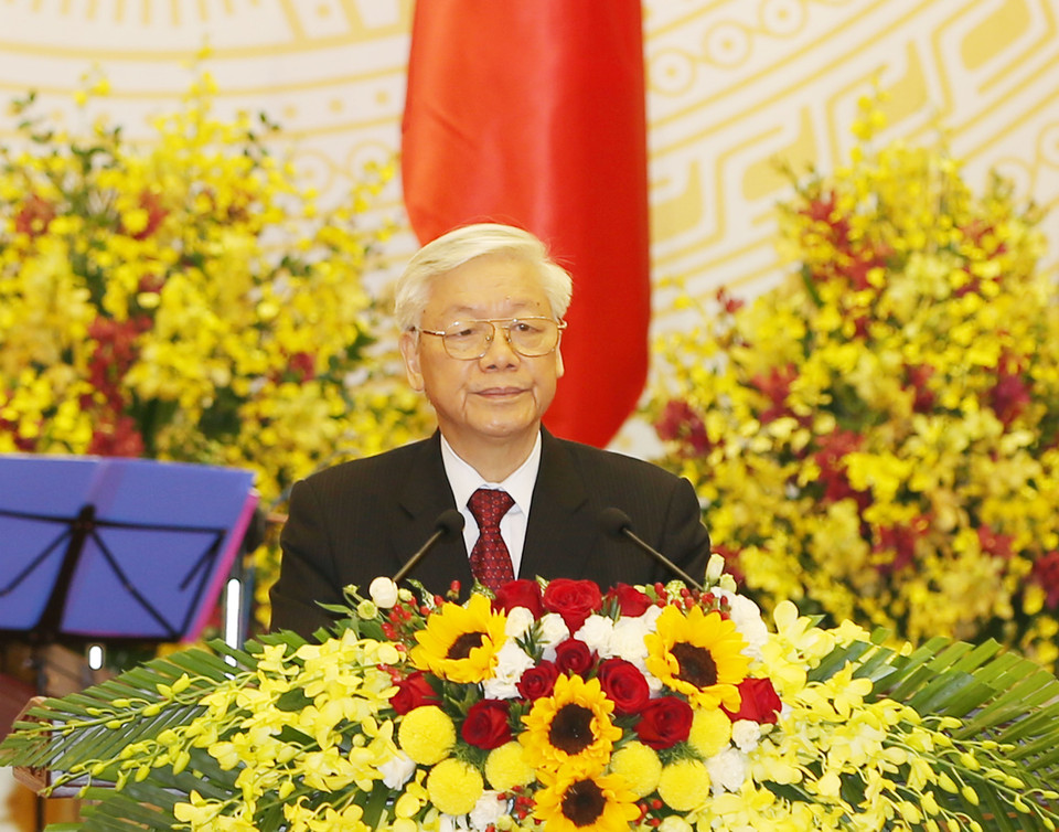 越共中央总书记阮富仲在晚宴上发言。（图片来源：越通社）