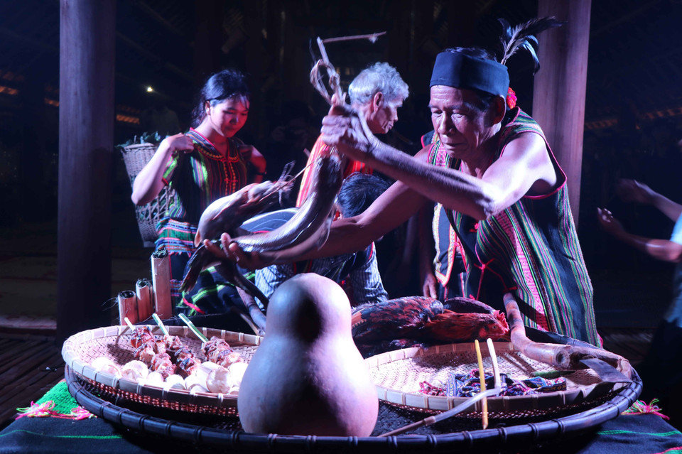 村寨长老将祭品放在供桌上。越通社记者 玉明 摄