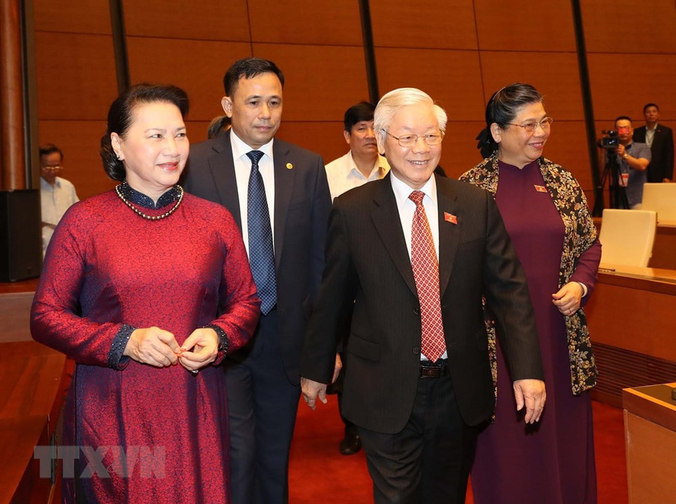 越共中央总书记、国家主席阮富仲、国会主席阮氏金银出席开幕式。图自越通社