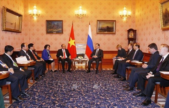 2016年5月16日，越南政府总理阮春福和俄罗斯总理梅德韦杰夫在俄罗斯首都莫斯科进行会谈。图自越通社