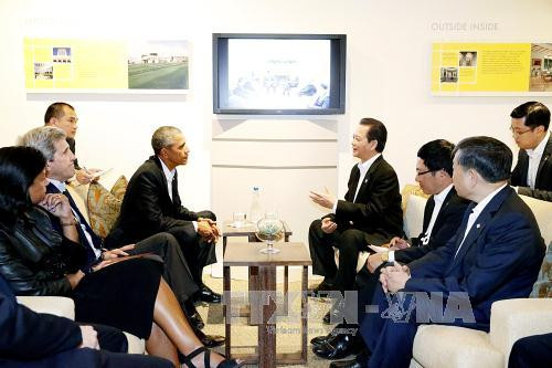 阮晋勇总理会见美国总统奥巴马。（图片来源：越通社）