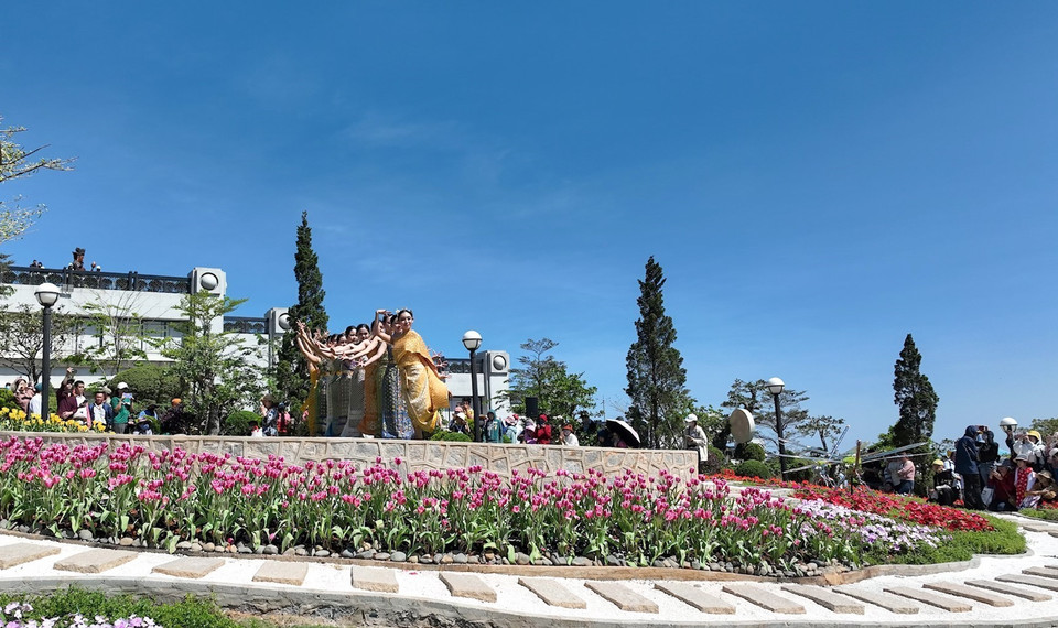 郁金香花之美与黑婆山顶上的艺术表演相结合，让游客迷醉其中。图自越通社