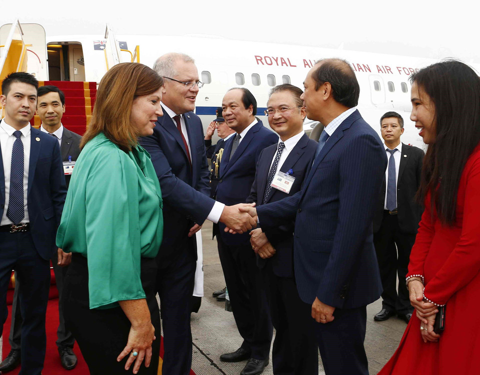  澳大利亚总理斯科特·莫里森在机场的欢迎仪式。越通社记者文叠 摄。越通社记者文叠 摄