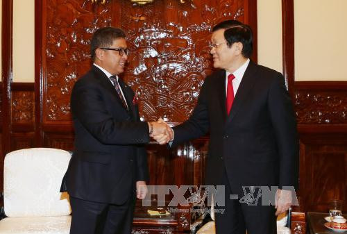 越南国家主席张晋创1月14日下午在主席府会见前来辞行拜会的印尼驻越大使马约法恩。（图片来源：越通社）