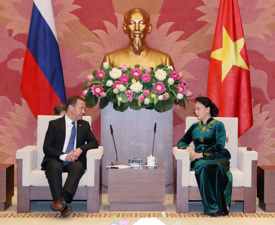 俄罗斯总理梅德韦杰夫会见越南国会主席阮氏金银。图自越通社