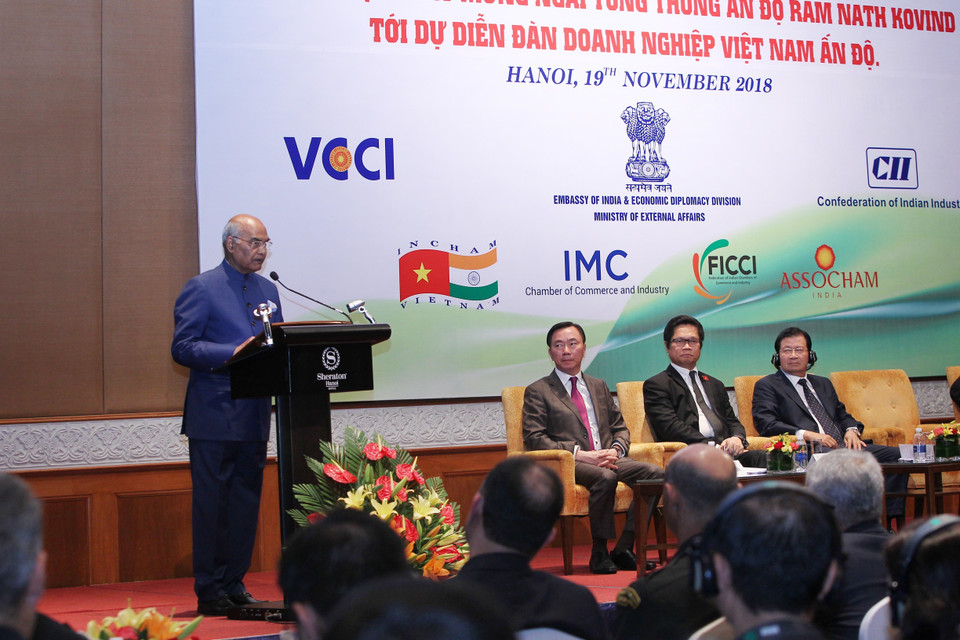 印度总统拉姆·纳特·科温德在越印企业论坛上发表讲话。图自越通社 