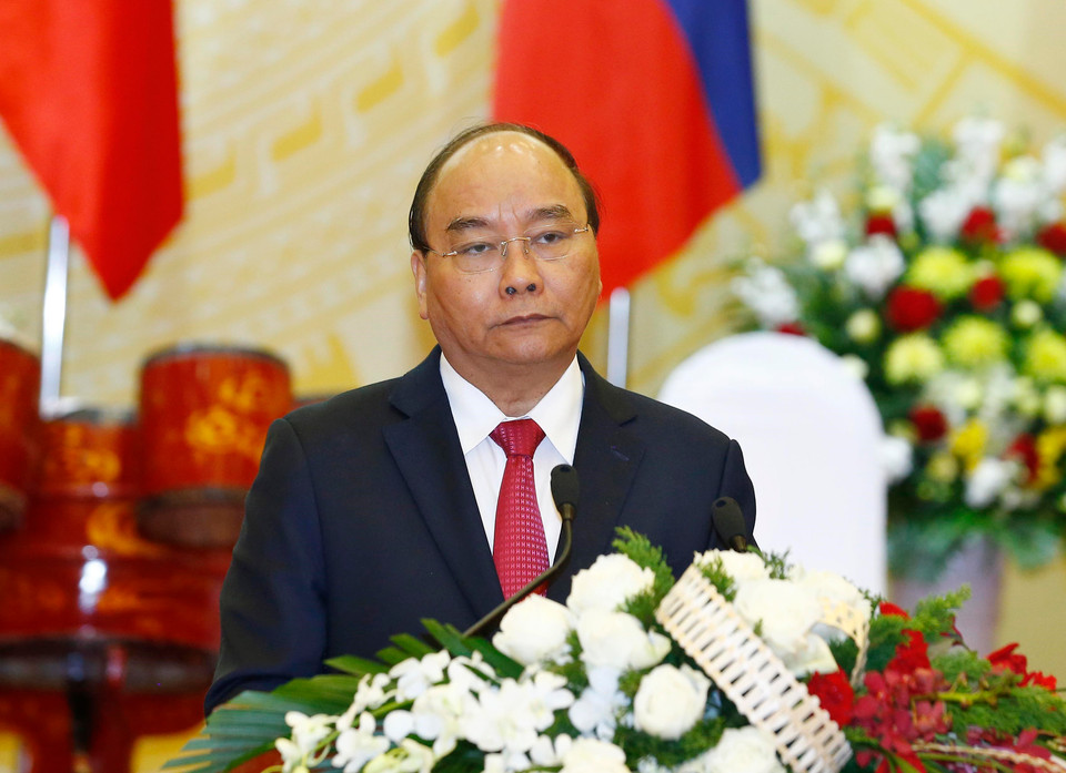 阮春福设宴招待梅德韦杰夫一行。 图自越通社