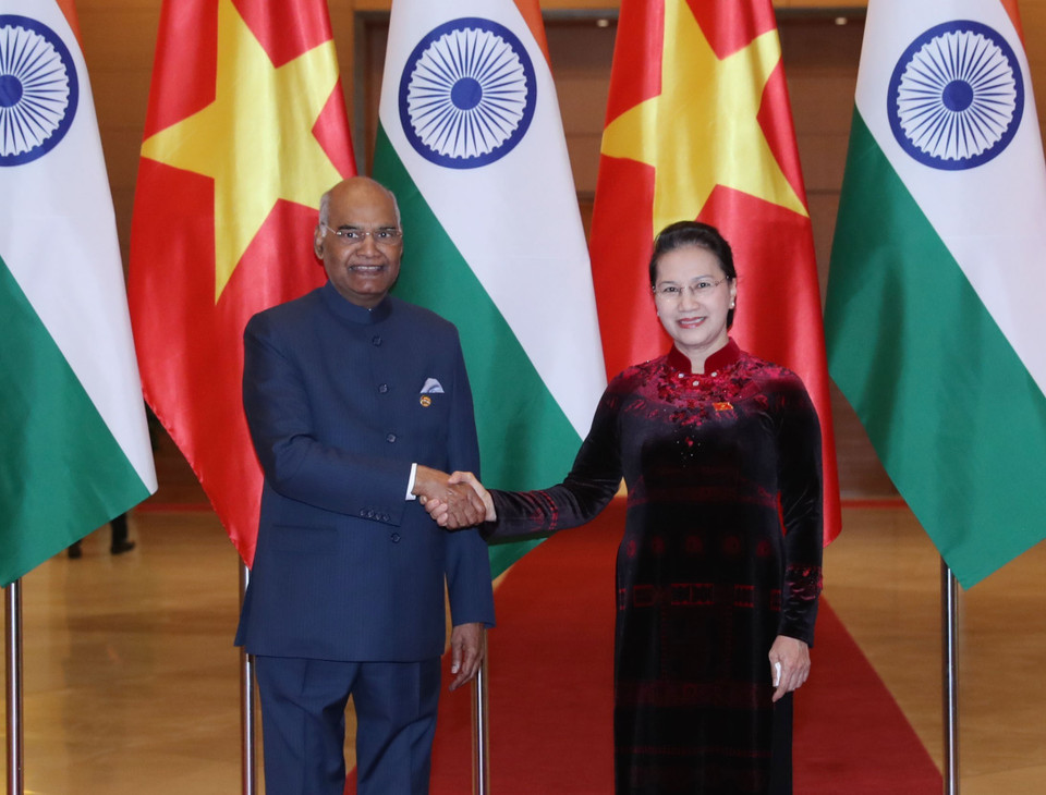 越南国会主席阮氏金银会见印度总统拉姆·纳特·科温德。图自越通社