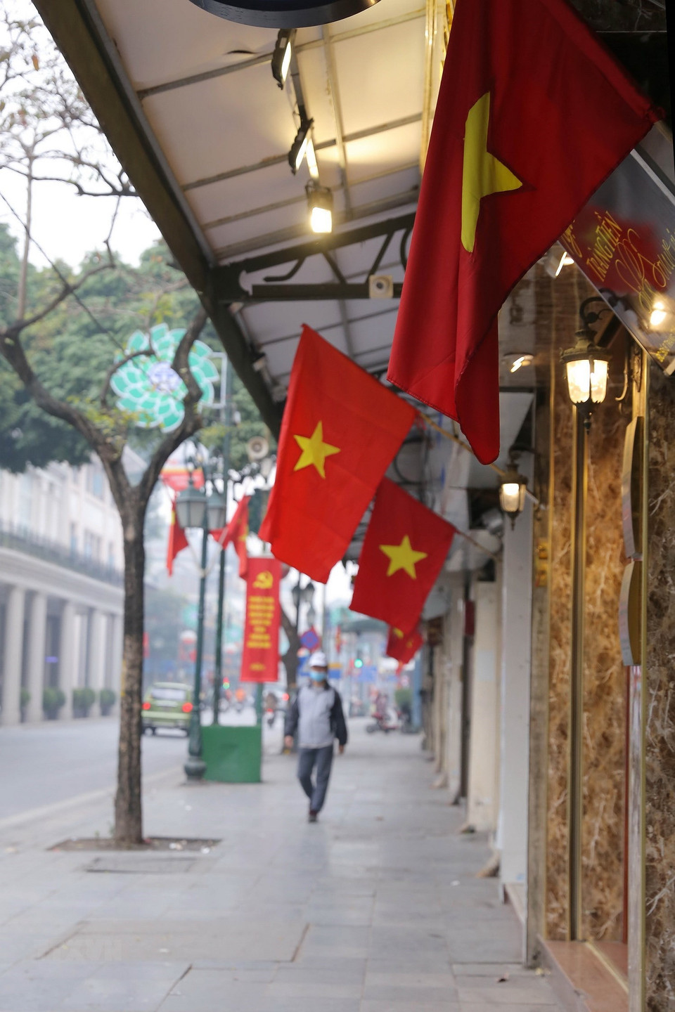 河内长诗街挂满金星红旗，喜迎越南共产党第十三次全国人民代表大会。图自越通社