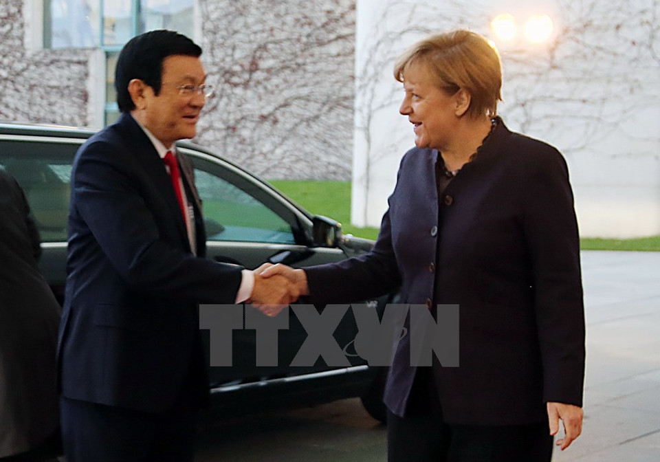 张晋创主席在首都柏林会见德国总理安格拉·默克尔。（图片来源：越通社）