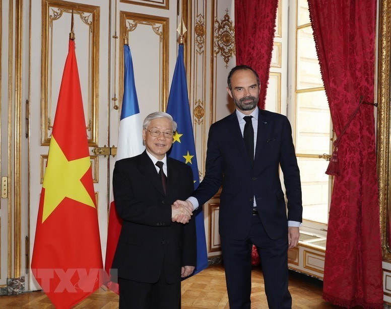 访法期间，越共中央总书记阮富仲于2018年3月26日下午在巴黎总理府会见法国总理爱德华•菲利普。图自越通社