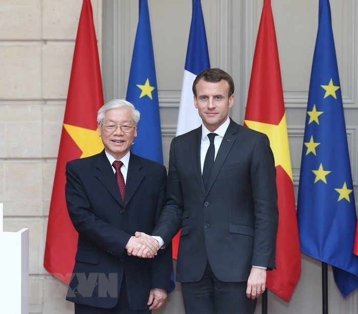 越共中央总书记阮富仲从2018年3月25日到27日对法国进行正式访问，正式开辟越法关系的新发展阶段。图自越通社