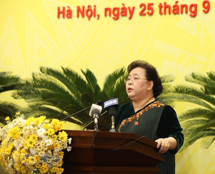 河内市委副书记、人民议会主席阮氏碧玉发表讲话。图自越通社