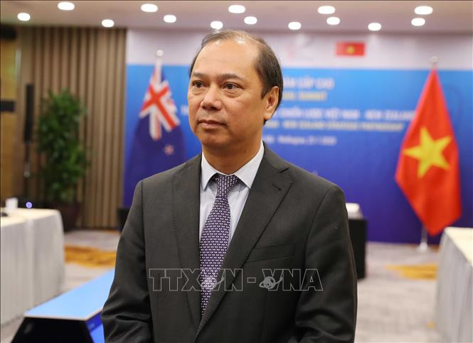 越南外交部副部长阮国勇在会谈后回答媒体记者的采访。图自越通社