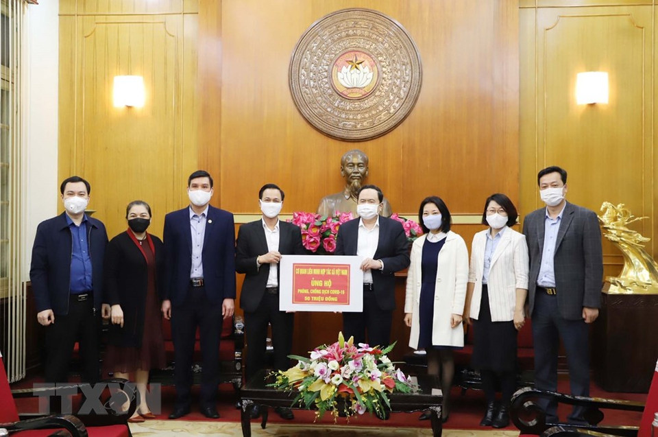 越共中央委员、越南祖国阵线中央委员会主席陈青敏接受了越南合作社联盟的援款。越通社记者芳花 摄