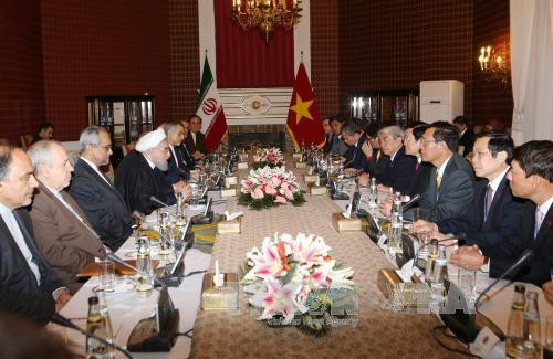 欢迎仪式结束后，张晋创主席与哈桑 • 鲁哈尼总统举行了会谈。（图片来源：越通社）