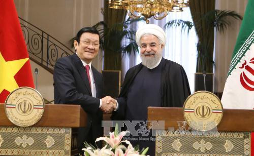  伊朗总统哈桑·鲁哈尼与越南国家主席张晋创举行新闻发布会，通报会谈结果。（图片来源：越通社）