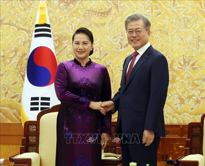 越南国会主席阮氏金银会见韩国总统文在寅。图自越通社