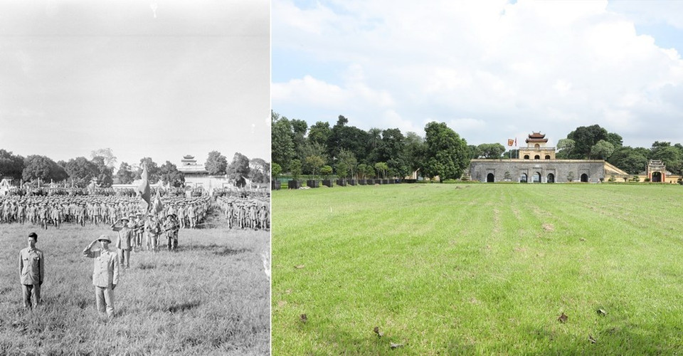 先锋军308号大团部队接管首都河内后于1954年10月10日15时在午门广场旗台首次举行升旗仪式。图自越通社