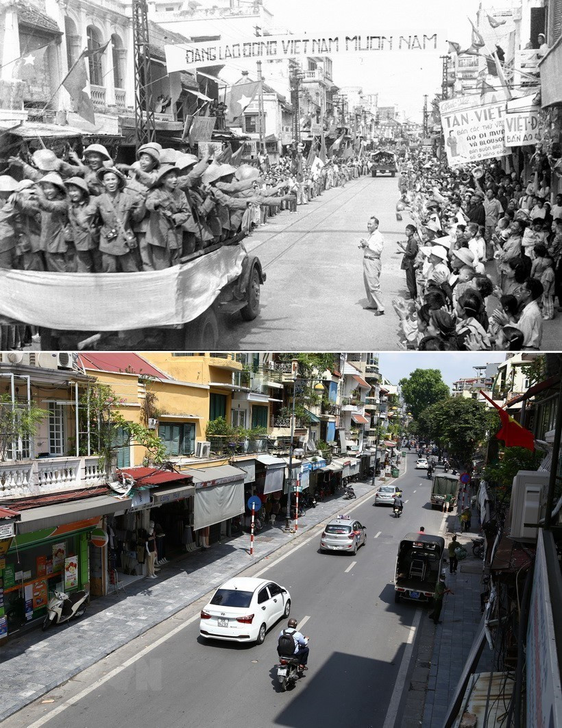 1954年10月10日承载先锋军308号大团战士的车辆驶入桃行街的画面与当今的桃行街。图自越通社