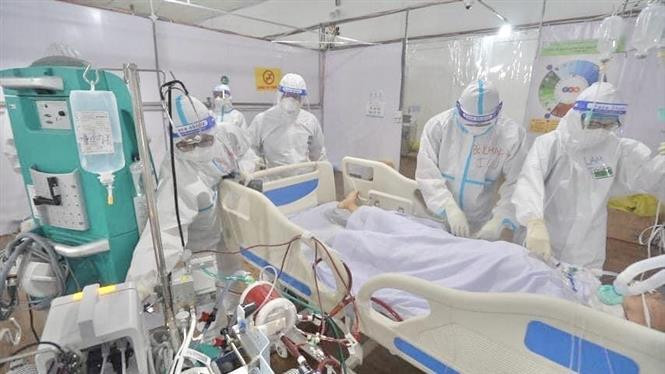 医务人员为新冠肺炎危重症患者进行治疗和照顾。图片来源：越通社