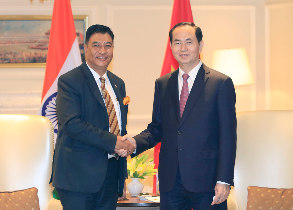 越南国家主席陈大光会见越南驻尼泊尔名誉领事拉杰什·卡子·什雷斯塔。越通社记者 彦创 摄