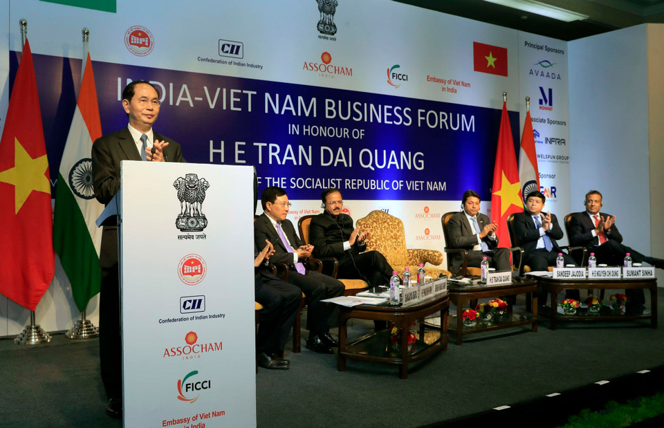 越南国家主席陈大光在越南-印度企业论坛上发言。越通社记者 彦创 摄