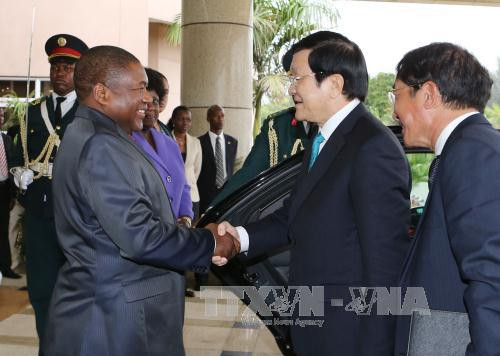  莫桑比克总统菲利佩·纽西迎接张晋创主席。（图片来源：越通社）