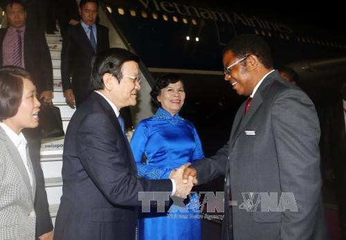 坦桑尼亚外交与国际合作部部长、坦桑尼亚部级官员，越南驻坦桑尼亚大使武成南和旅居坦桑尼亚越南人社群代表到机场迎接张晋创一行。（图片来源：越通社）