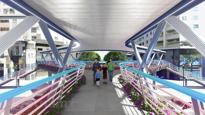 Y形步行桥具备独特的设计，使用寿命可达100年。目前，该桥仍处于施工完善期并将尽早投入运行。在不久的未来，河内市青春郡人民可以使用首都有史以来最美的Y形步行桥。这是设在青春郡黄明监路和阮氏十路之间的丁字路口的Y形步行桥的设计图。图自Vietnam+