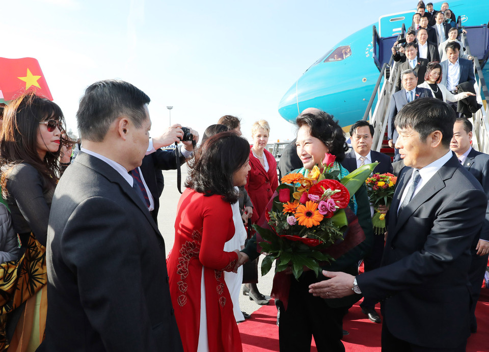 越南驻匈牙利大使馆干部和工作人员到机场迎接。（图片来源：越通社）
