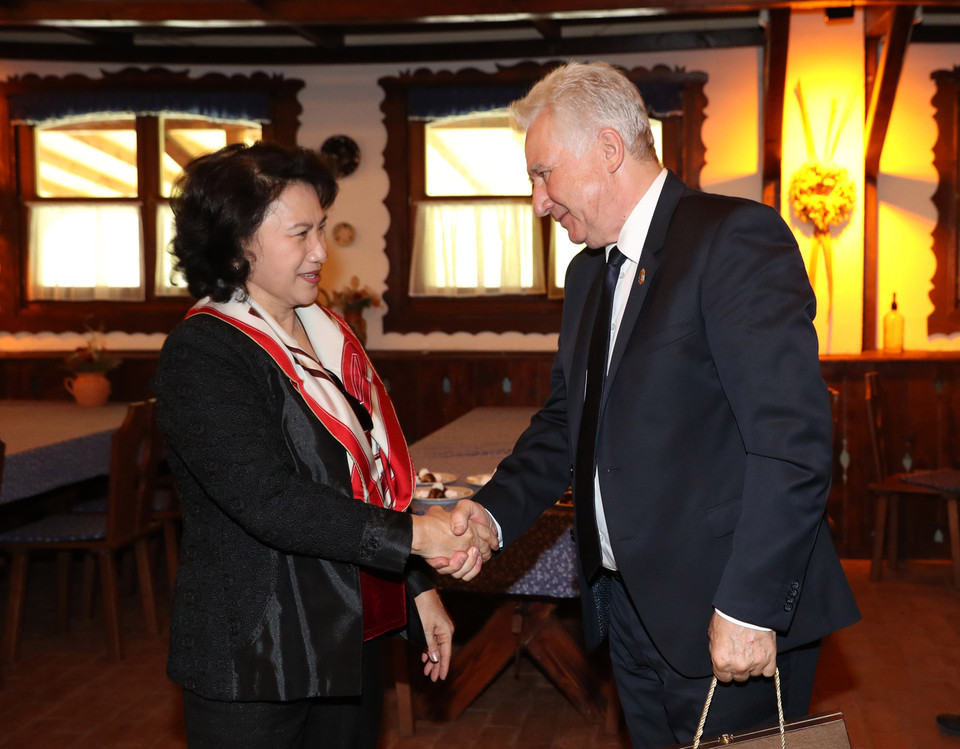  阮氏金银会见匈牙利国会副主席伊什特万•雅各布。（图片来源：越通社）