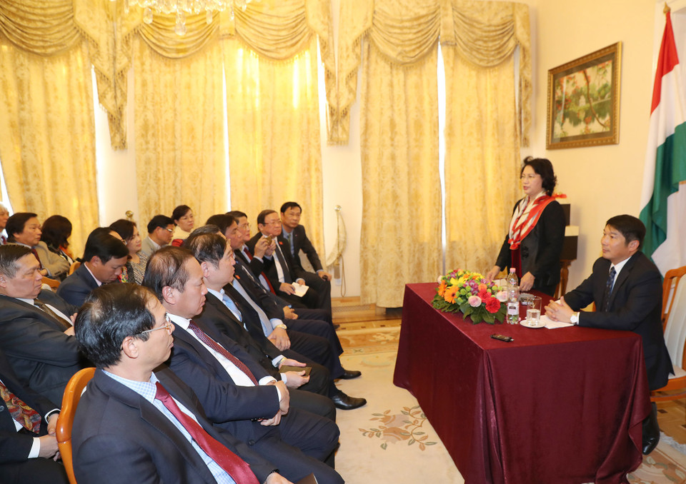  阮氏金银会见越南驻匈牙利大使馆工作人员。（图片来源：越通社）