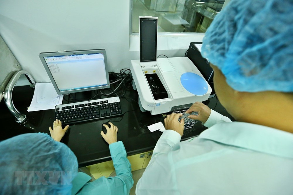 在越南卫生部一号疫苗与生物制品有限公司实验室中对疫苗中蛋白质含量的测定进行研究。越通社记者 明决 摄