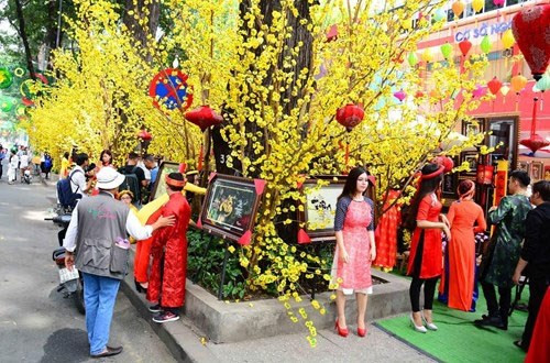 早上，梅花、桃花街吸引了很多人前来参观（图片来源：越南《人民军队报》） 